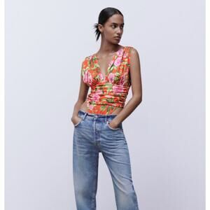 NEW Zara Printed Draped Bodysuit Women's Size Medium Orange Floral Deep V-Neck